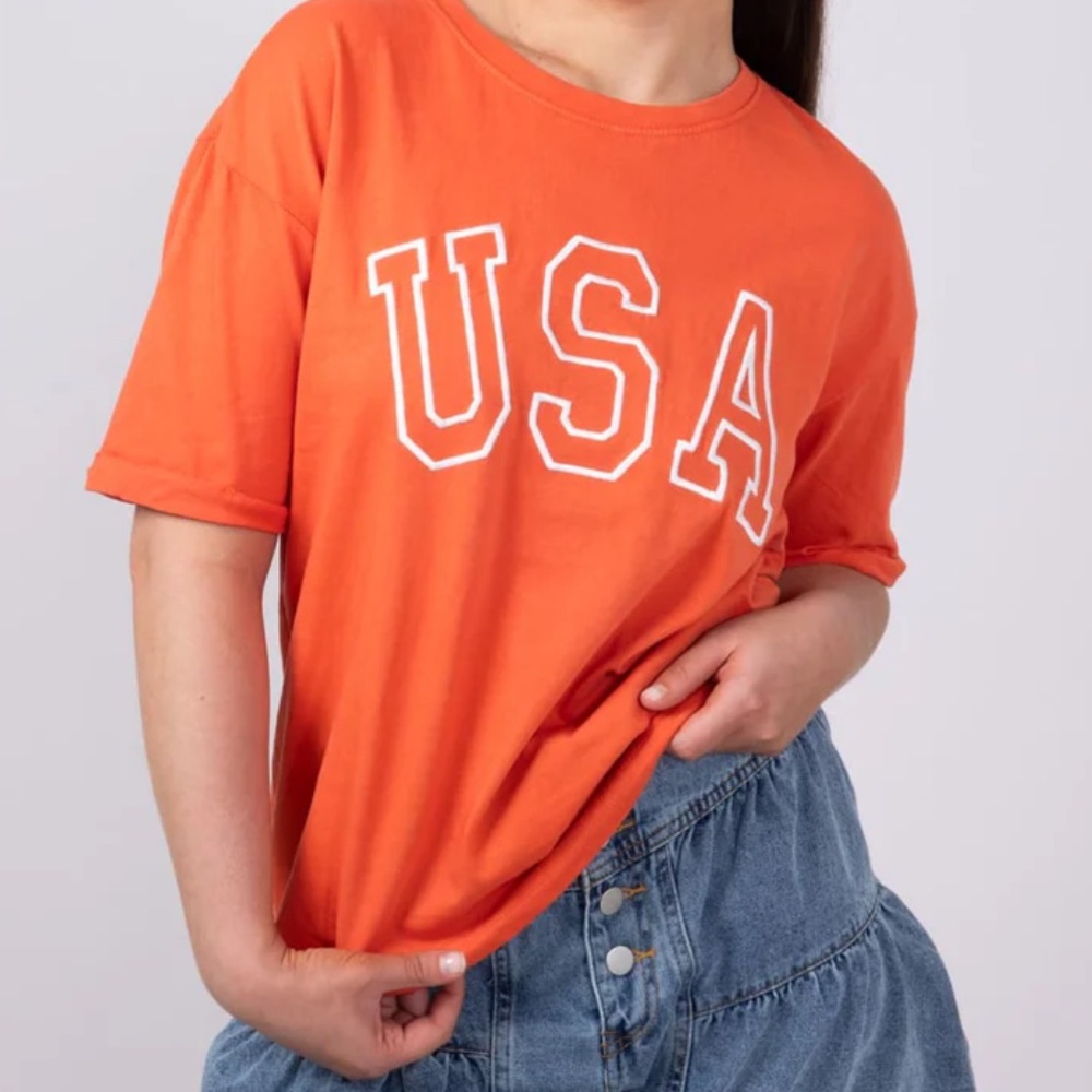 NWT Top Tee Tshirt Orange Embroidered USA Graphic L M 100% Cotton Fall Pumpkin